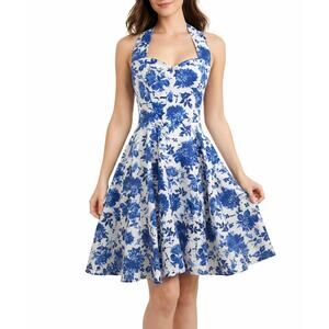 OASAP Blue Floral Jacquard Flared Mini Dress Halter Dress Sleeveless Medium